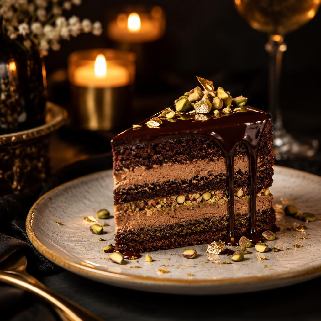 Layered chocolate cake slice with pistachio and gold leaf