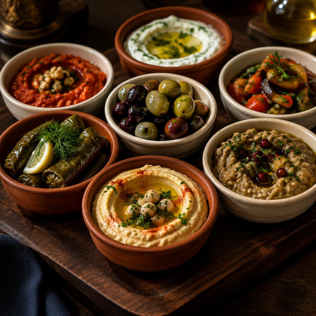 Assortment of Turkish mezes in terracotta bowls